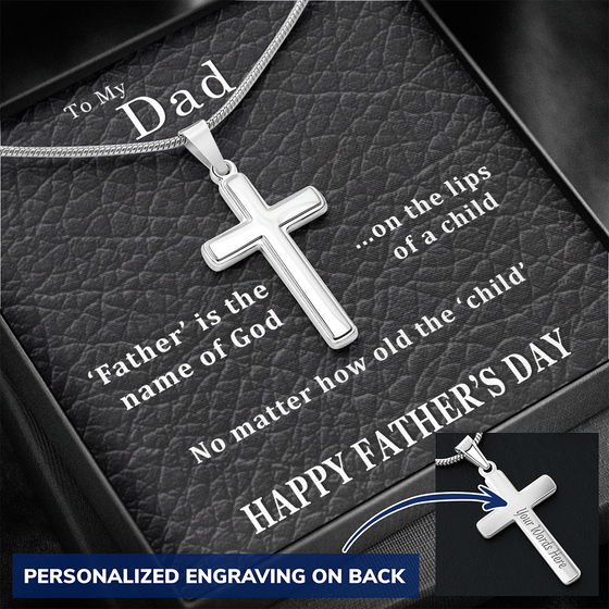 Father's Day Gift From Daughter/Son-Personalized Engraving-Lips of a Child-Leather Look-Christian Cross Necklace